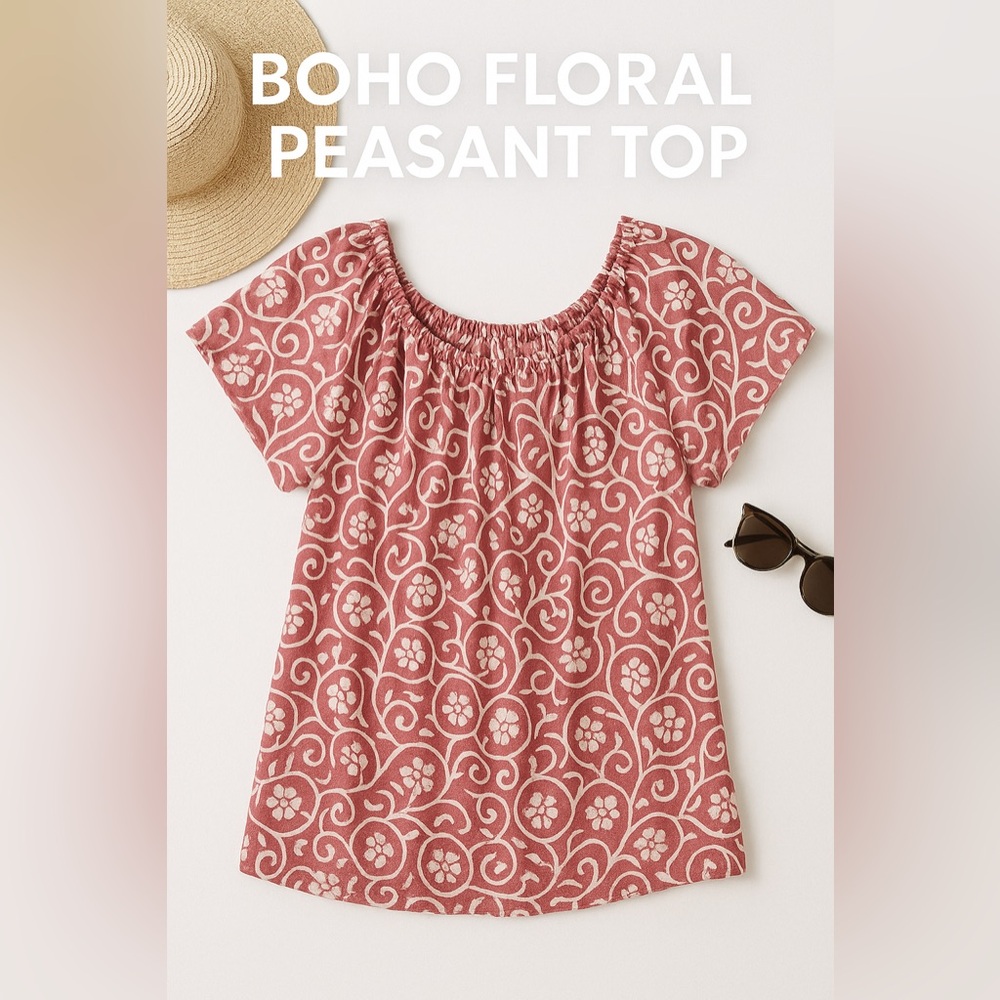 Boho Floral Peasant Top Pink & White Short Sleeve